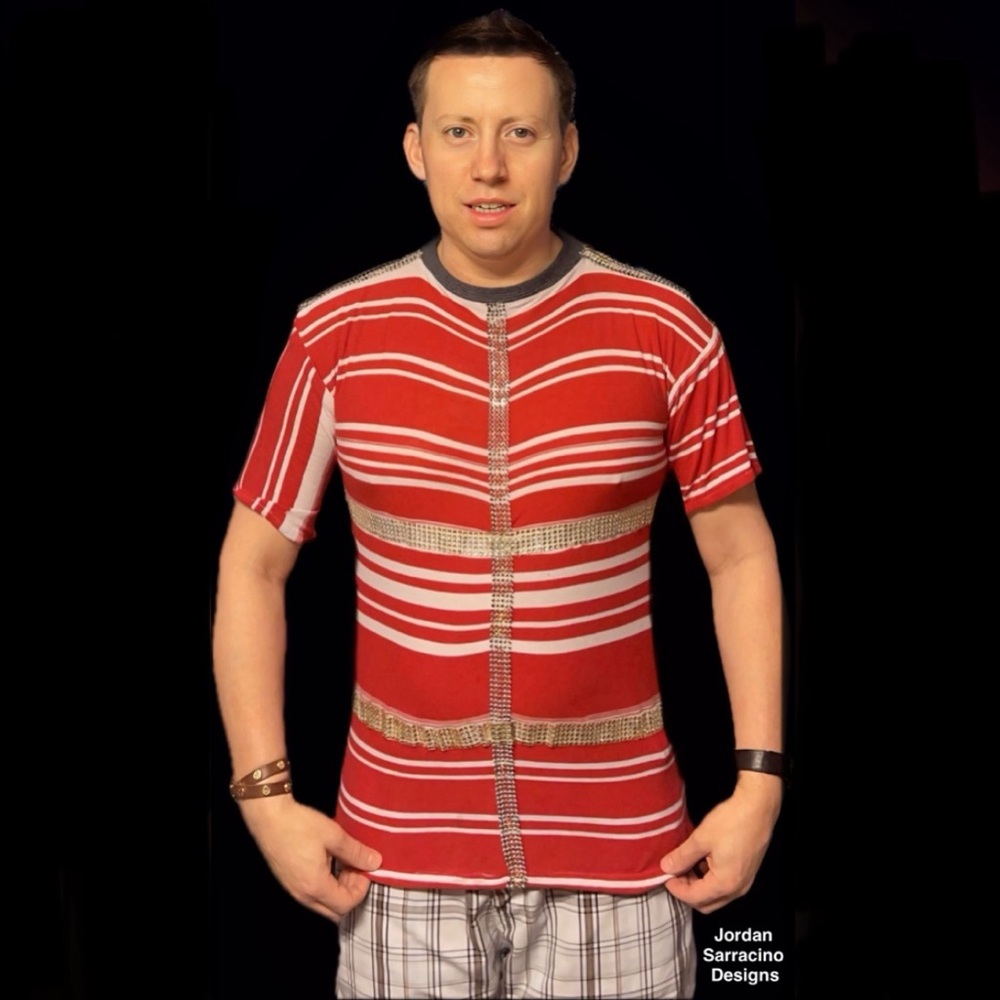 Jordansarracinodesigns Red and White Striped Shirt With Gold Appliqué